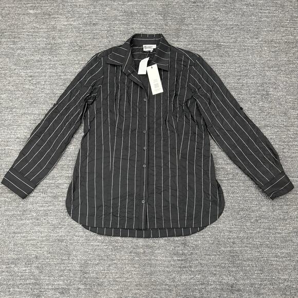 Finley Shirt Women Large Black Stripe Crinkle Adjustable Sleeve Lagenlook USA - Picture 2 of 12
